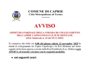 Apertura parziale della strada di collegamento tra Caprie Capoluogo e le B.te Montane